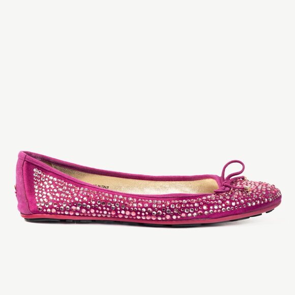Jimmy Choo Weber Fuchsia Crystal-Embellished Satin Bow Ballet Flats - Picture 2 of 11
